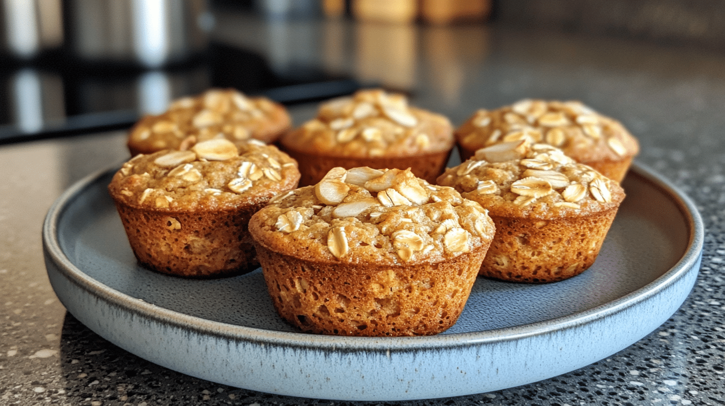 Freshly baked apple oat muffins on a wooden table, topped with a drizzle of glaze, and surrounded by oats and sliced apples.