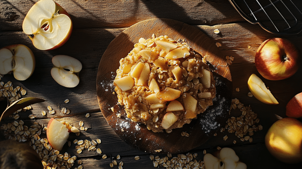 Freshly baked apple oat muffins on a wooden table, topped with a drizzle of glaze, and surrounded by oats and sliced apples.