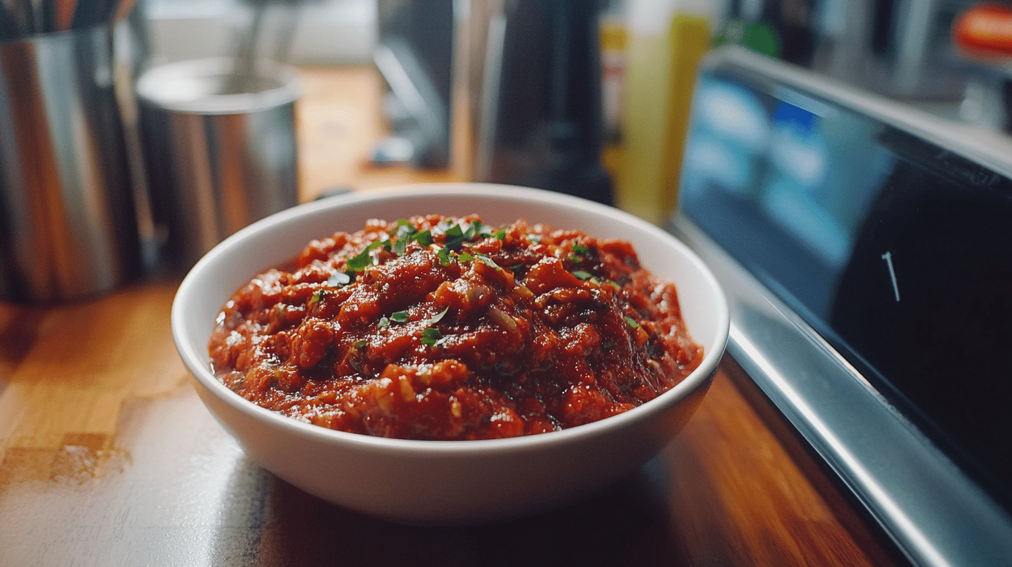 Fresh homemade marinara sauce with basil and garlic in a rustic pot.