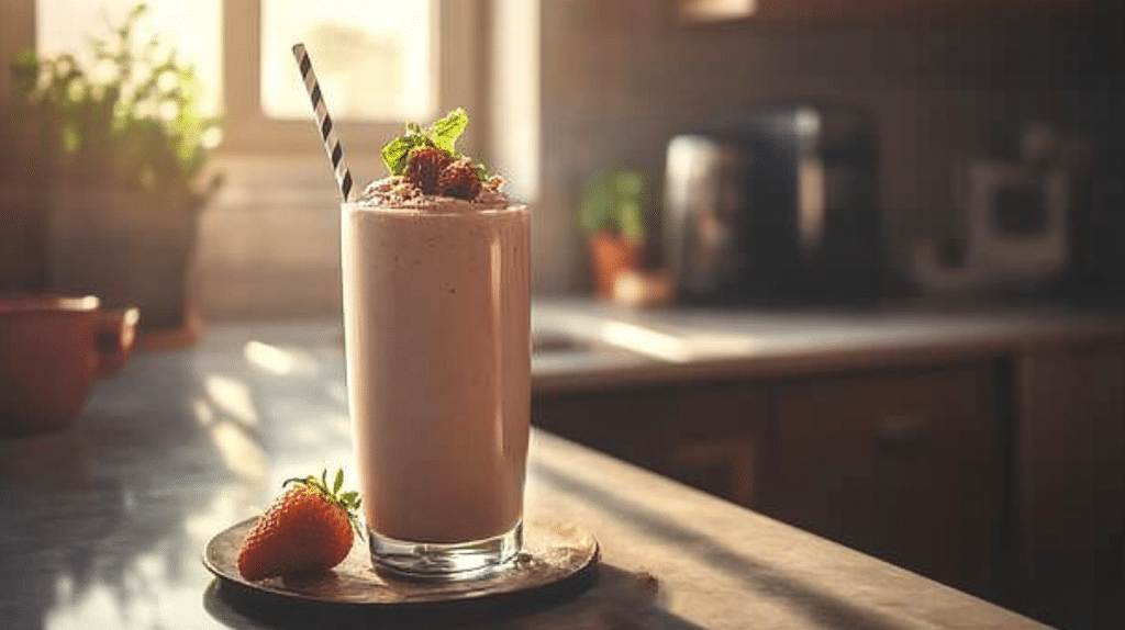 A vibrant breakfast milkshake topped with fresh berries, granola, and a drizzle of honey in a clear glass.