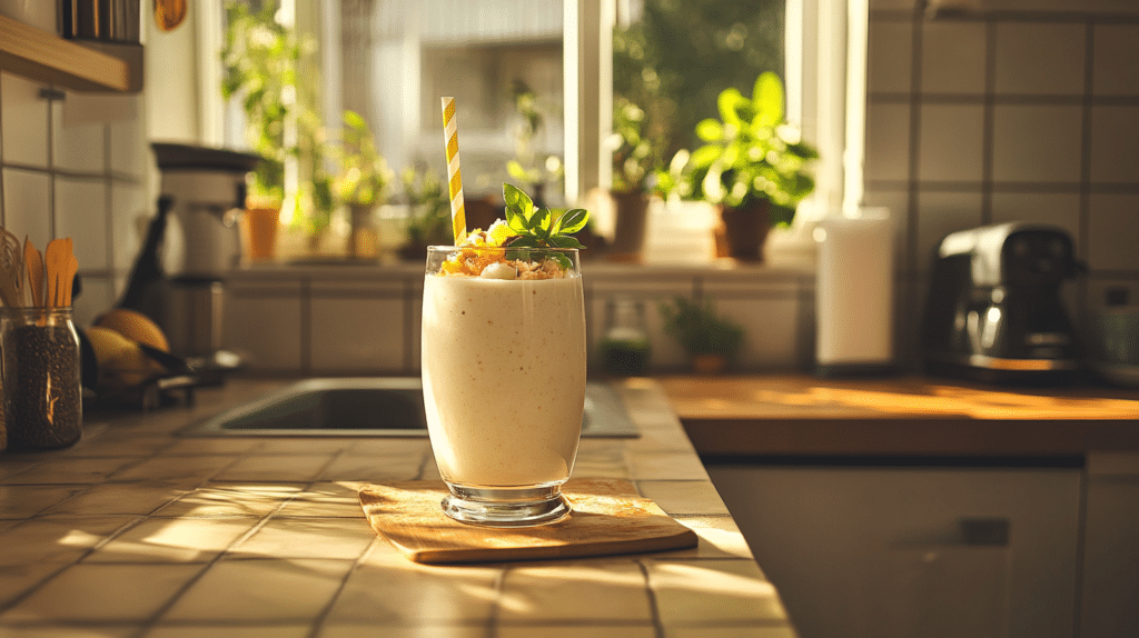 A vibrant breakfast milkshake topped with fresh berries, granola, and a drizzle of honey in a clear glass.