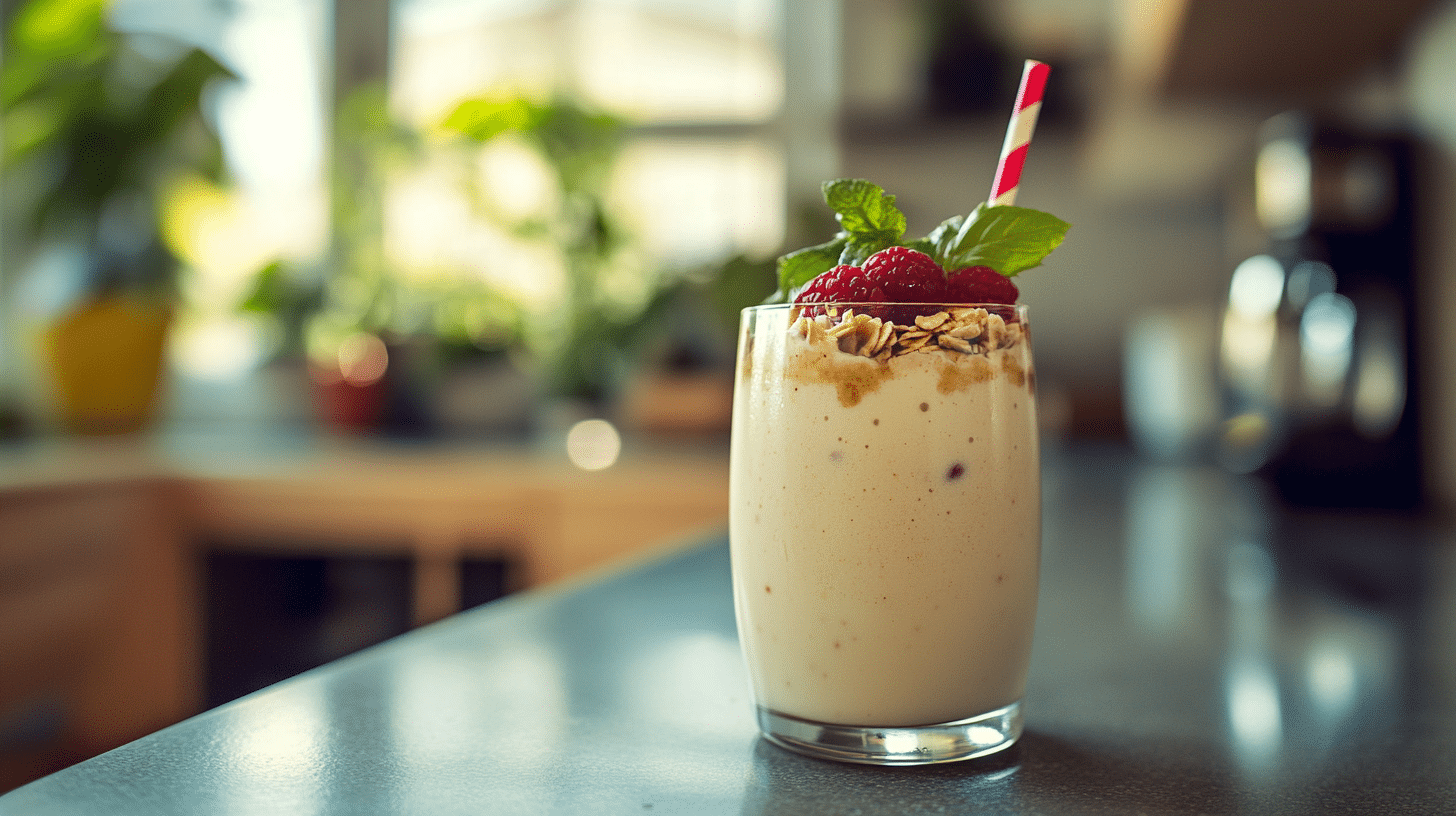 A vibrant breakfast milkshake topped with fresh berries, granola, and a drizzle of honey in a clear glass.