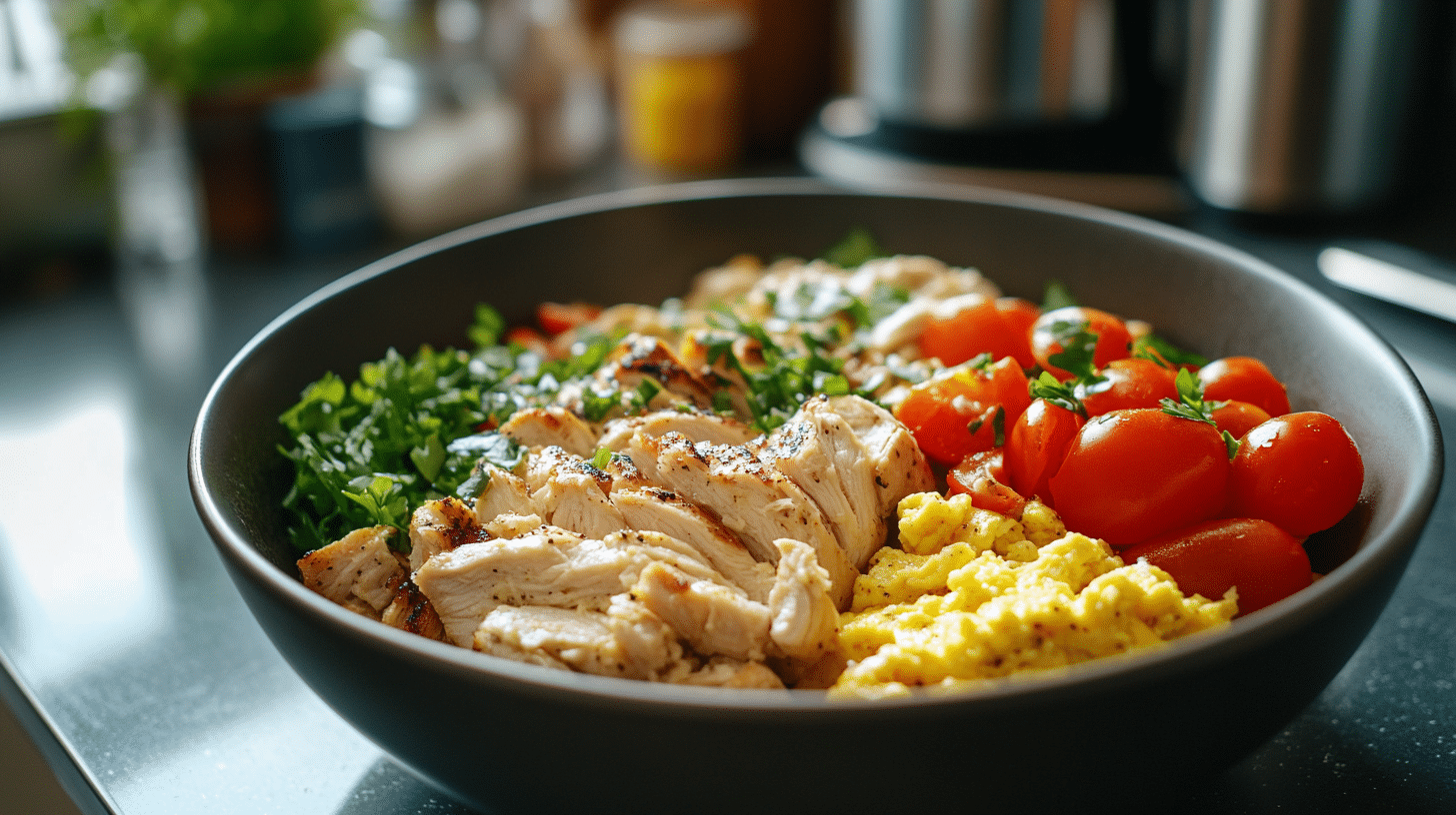 A plate of grilled chicken and scrambled eggs served with fresh greens and roasted potatoes, perfect for a healthy and satisfying meal.