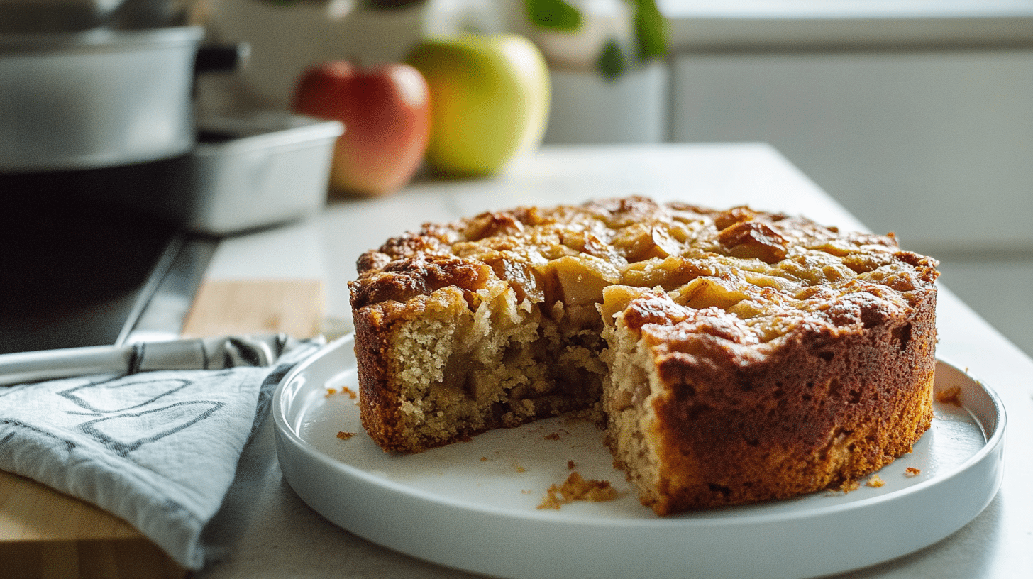 Freshly baked apple cake with a golden crust, topped with a light glaze and surrounded by fresh apple slices.