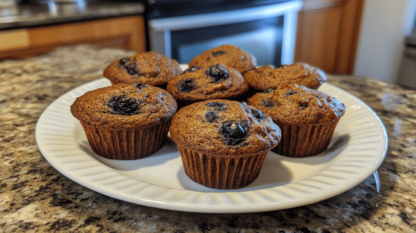 Freshly baked healthy banana blueberry muffins
