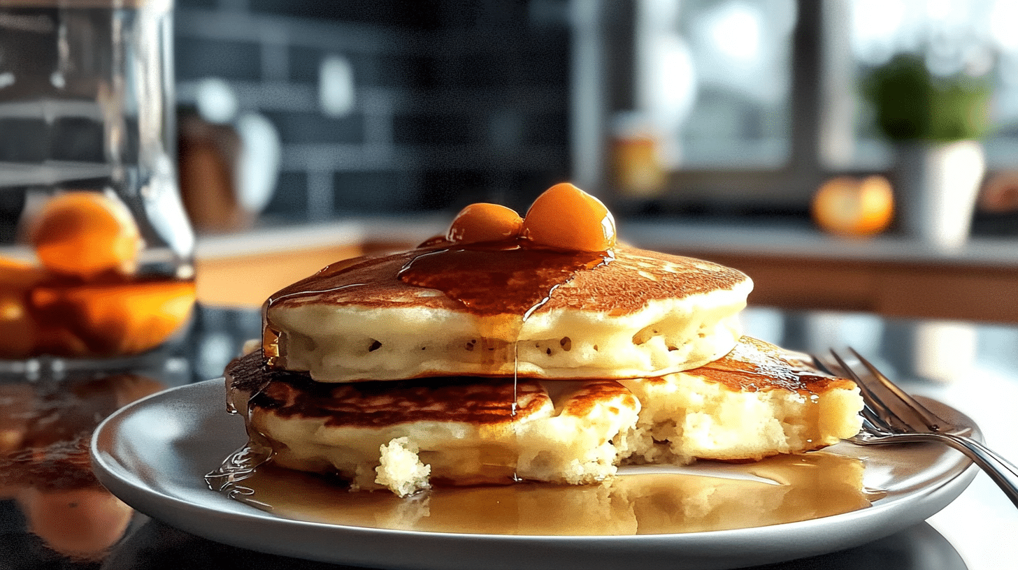 A stack of fluffy pancakes topped with butter and drizzled with maple syrup
