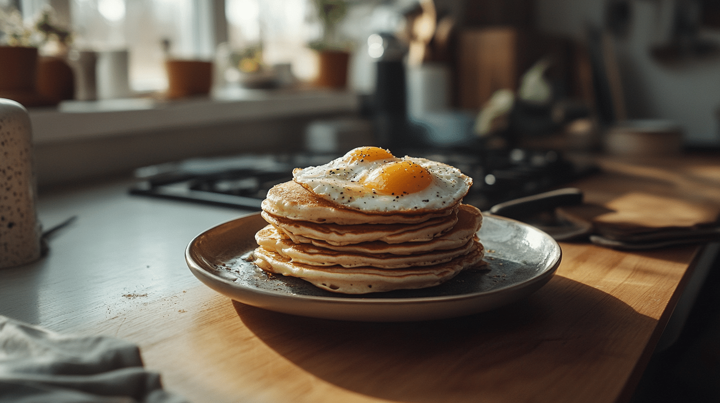 Fluffy pancakes stacked high with a side of scrambled eggs