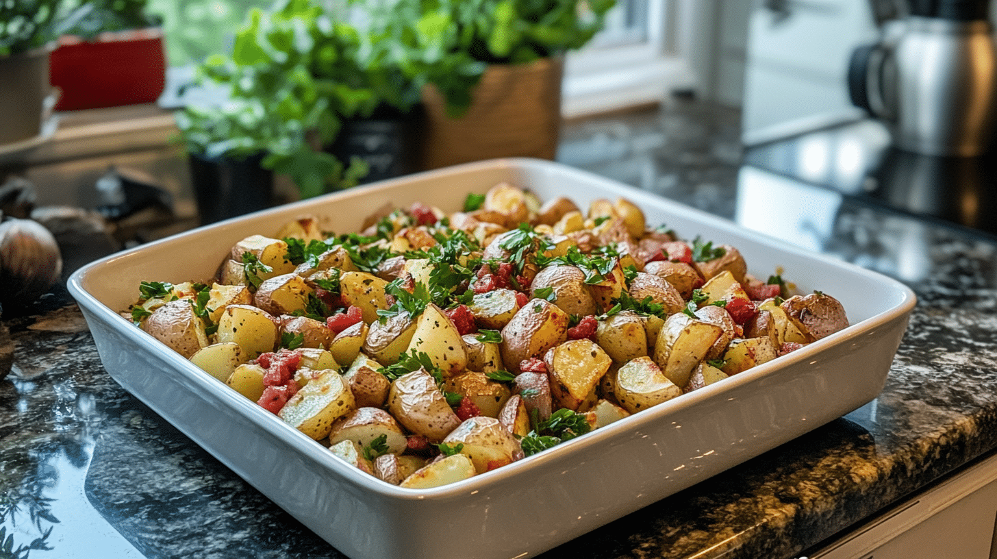 Golden brown ranch roasted potatoes served on a baking tray garnished with fresh parsley