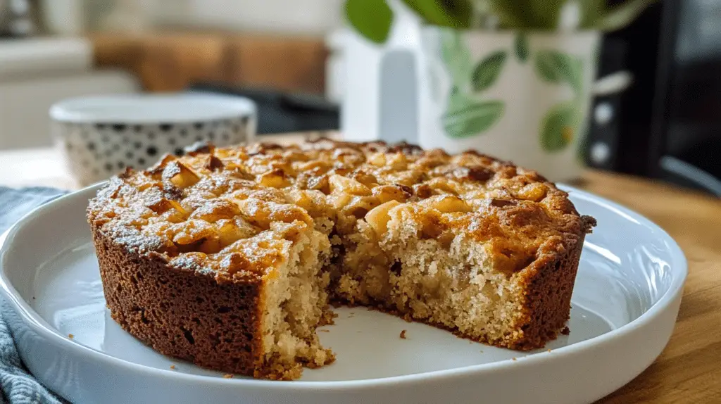 Freshly baked apple cake with a golden crust, topped with a light glaze and surrounded by fresh apple.