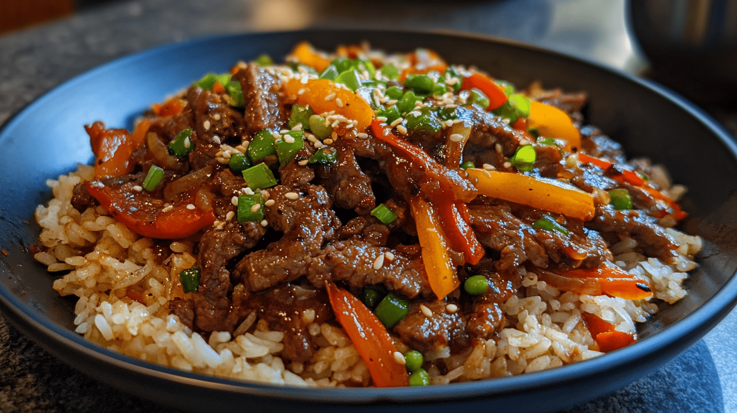 Sizzling Pepper Lunch recipe served on a hotplate with beef, rice, and vegetables