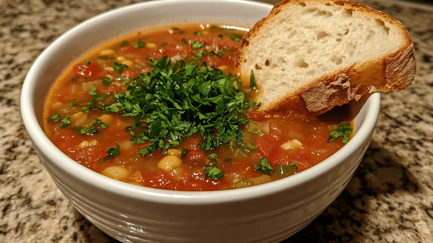 A hearty bowl of vegetable soup topped with fresh parsley and served with a slice of crusty bread.