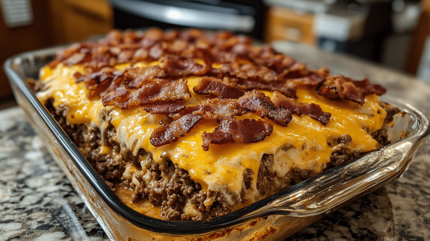 Bacon cheeseburger casserole in a baking dish, topped with melted cheese and crispy bacon, garnished with fresh parsley.