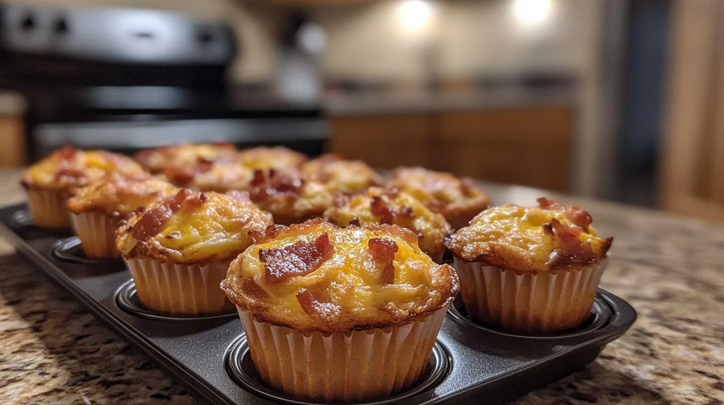 A plate of bacon egg and cheese muffins with golden tops, garnished with parsley, ready to serve as a quick and easy breakfast option