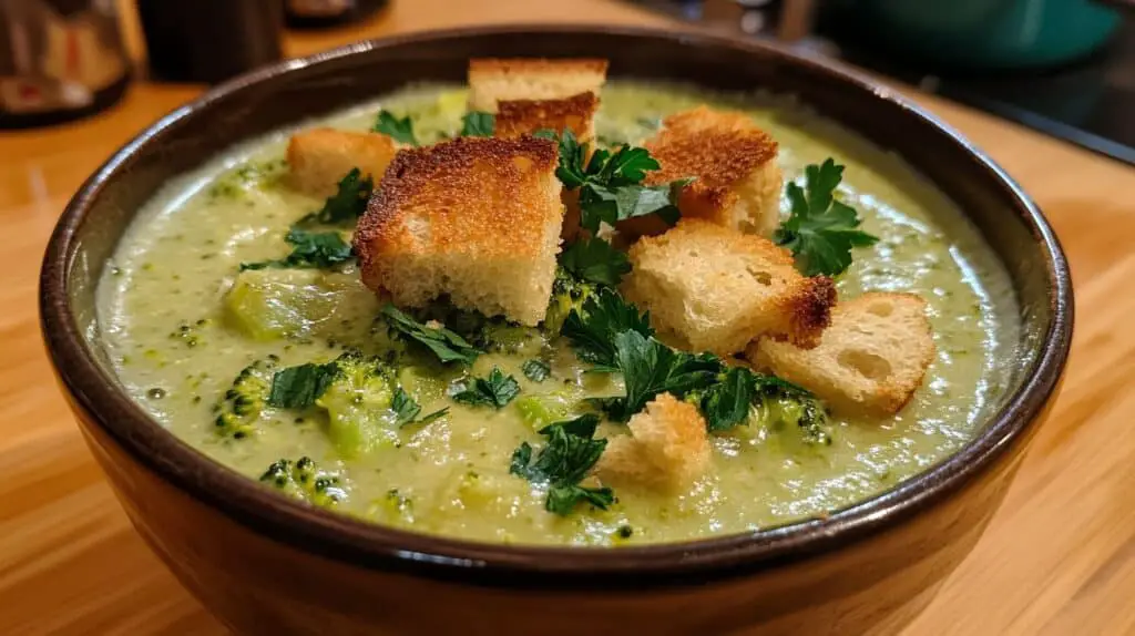 A bowl of creamy broccoli soup garnished with croutons and fresh parsley.