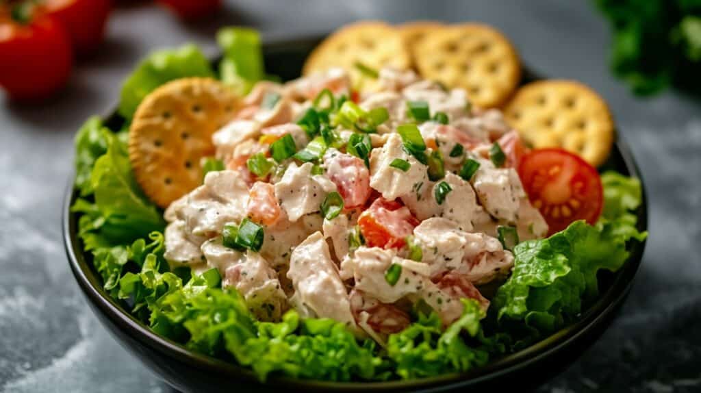 best chicken salad served on fresh lettuce with a side of crackers and sliced tomatoes.
