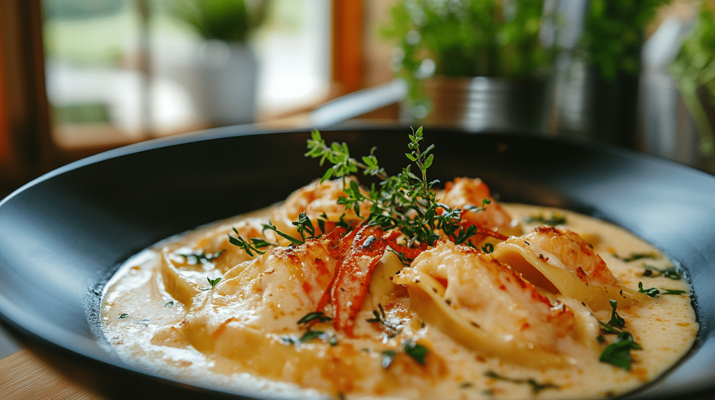 A plate of lobster ravioli topped with creamy garlic parmesan sauce garnished with parsley