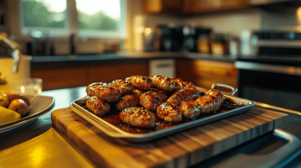 Tray of golden-brown breakfast sausage links fresh out of the oven on a wooden cutting board in a cozy kitchen