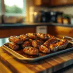 Tray of golden-brown breakfast sausage links fresh out of the oven on a wooden cutting board in a cozy kitchen