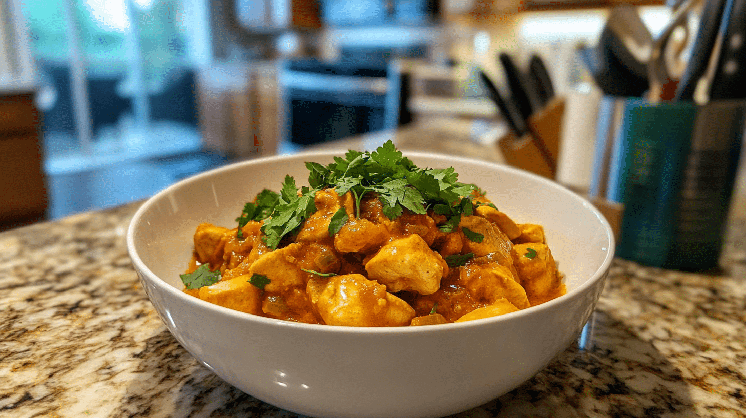 Plate of Butter Chicken and Naan, garnished with fresh cilantro, showcasing the richness of Indian cuisine.