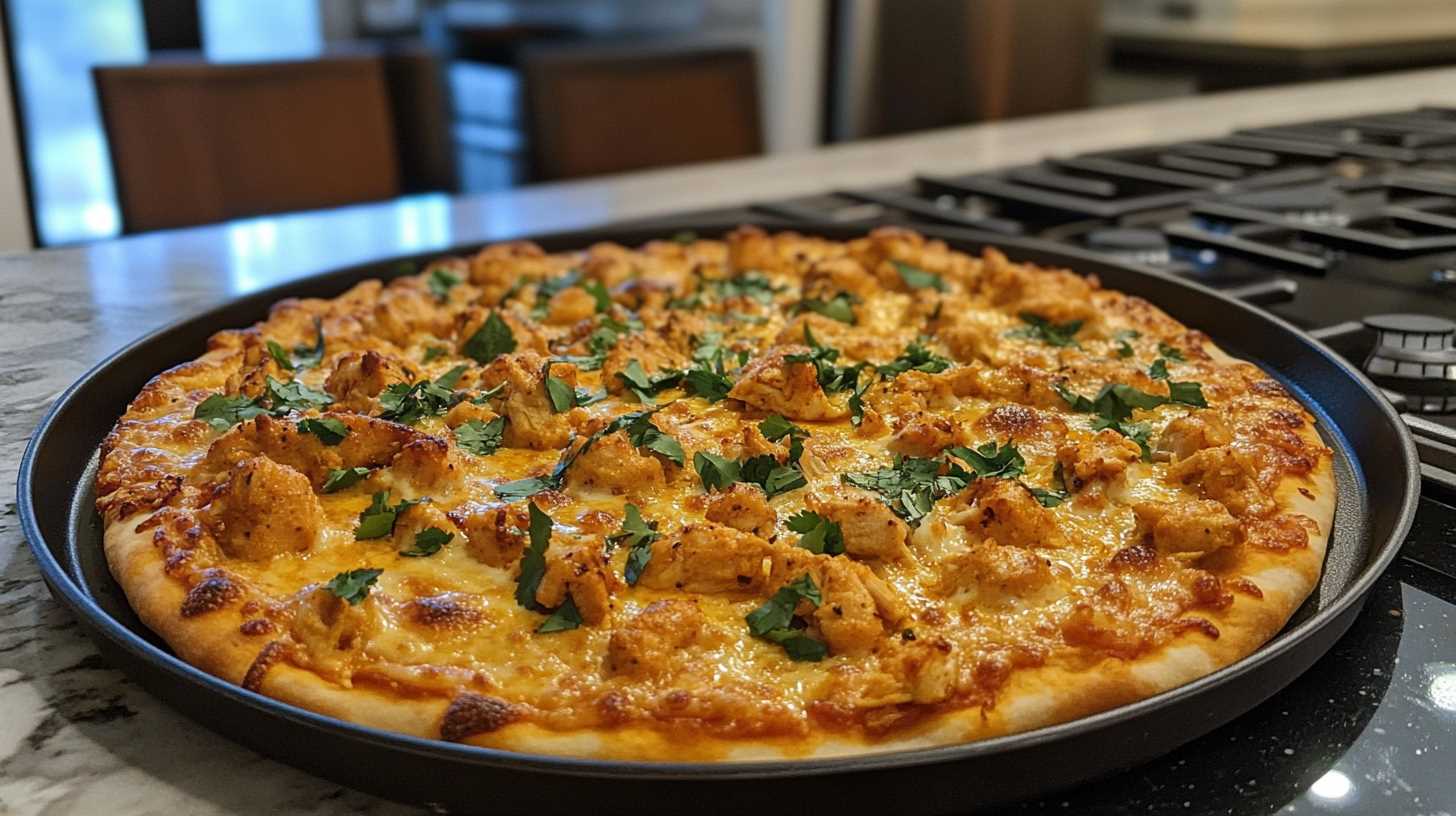 Close-up of Butter Chicken Pizza topped with creamy curry, melted cheese, and fresh herbs on a crispy crust.
