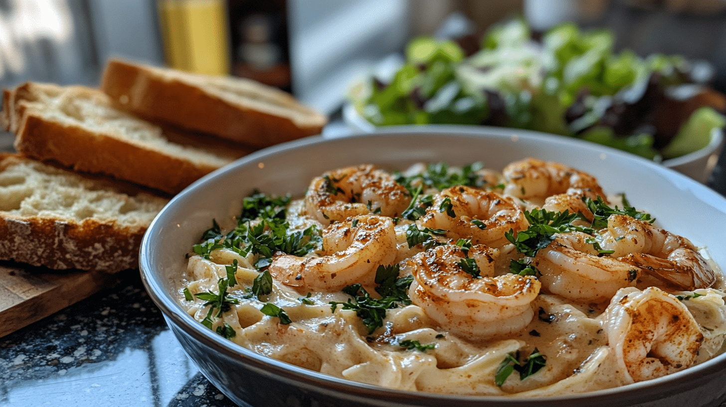 Creamy Cajun shrimp Alfredo served with garlic bread and salad.