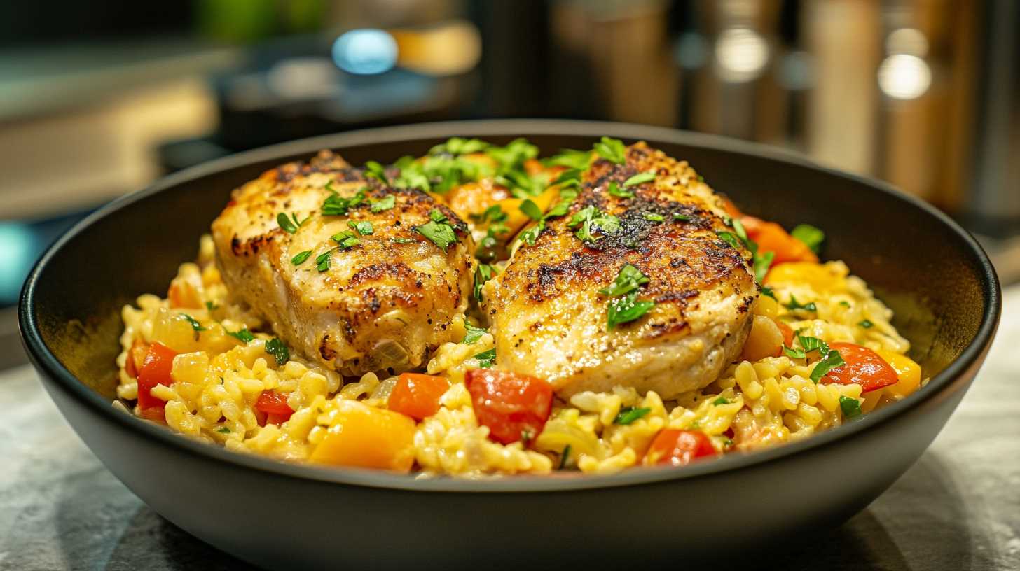 A creamy bowl of Cosy Chicken Risoni garnished with fresh herbs, featuring tender chicken, risoni pasta, and colorful vegetables.