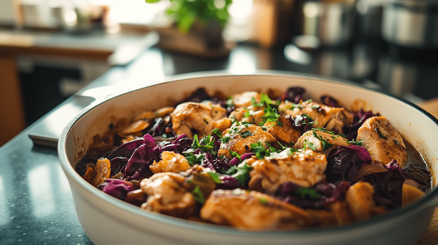 Plate of stir-fried chicken and cabbage garnished with sesame seeds and green onions