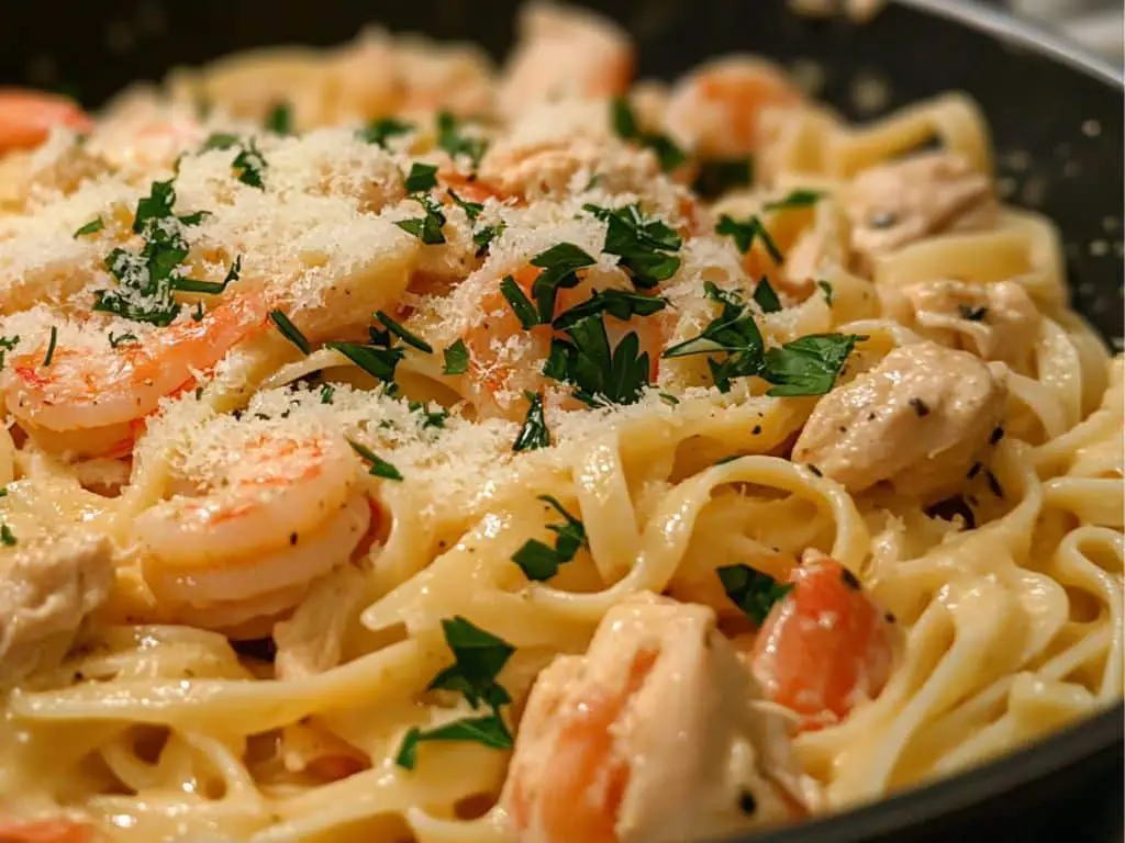 Cajun chicken and shrimp pasta served with Parmesan and parsley.
