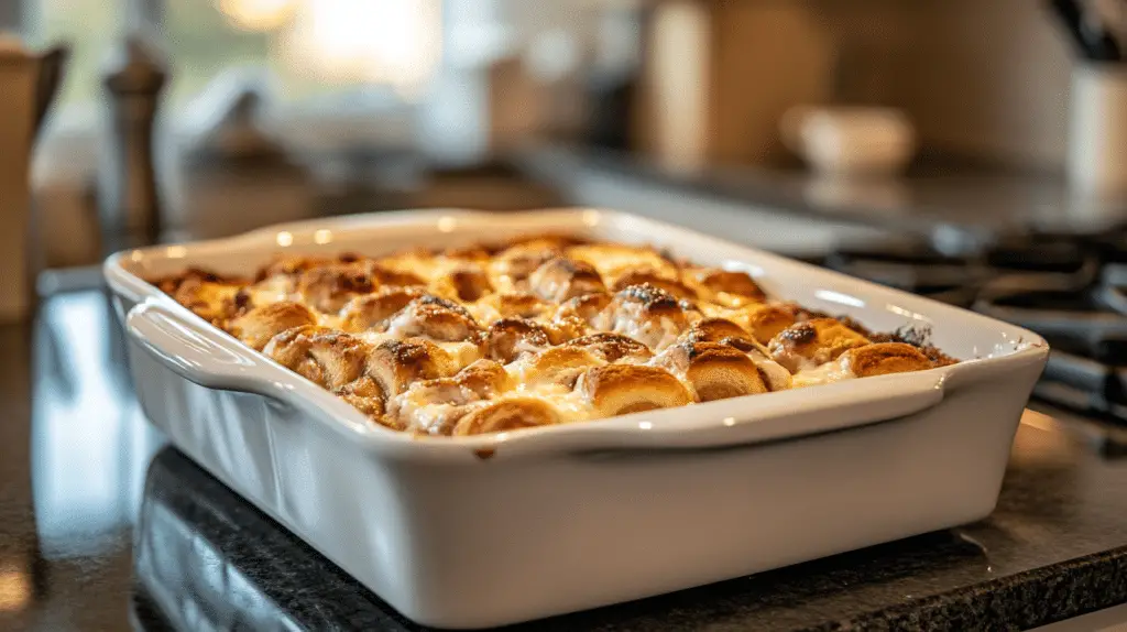 Golden cinnamon roll breakfast casserole topped with creamy frosting and garnished with pecans, served in a glass baking dish