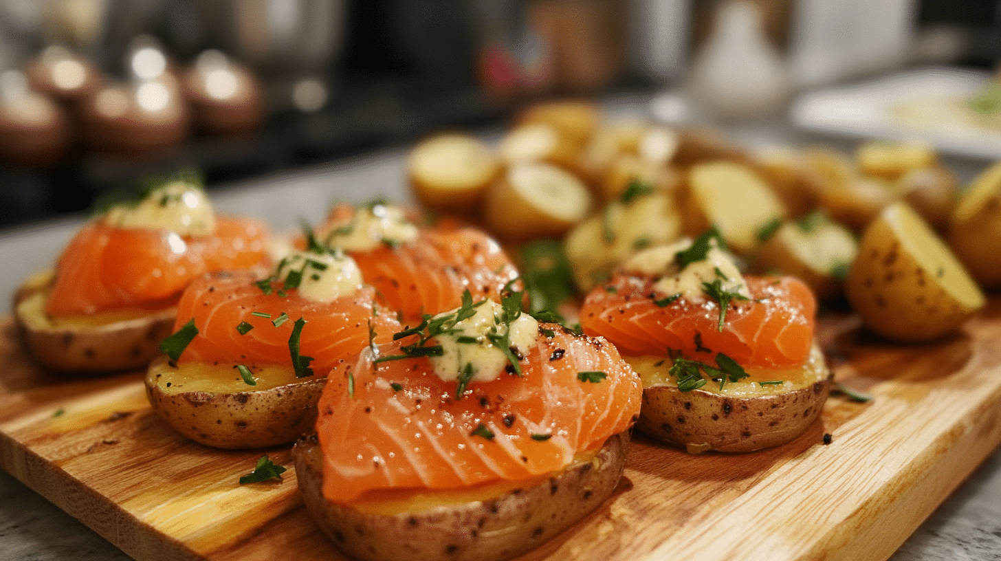 Thinly sliced cold smoked salmon served on a wooden board with dill, lemon wedges, and capers