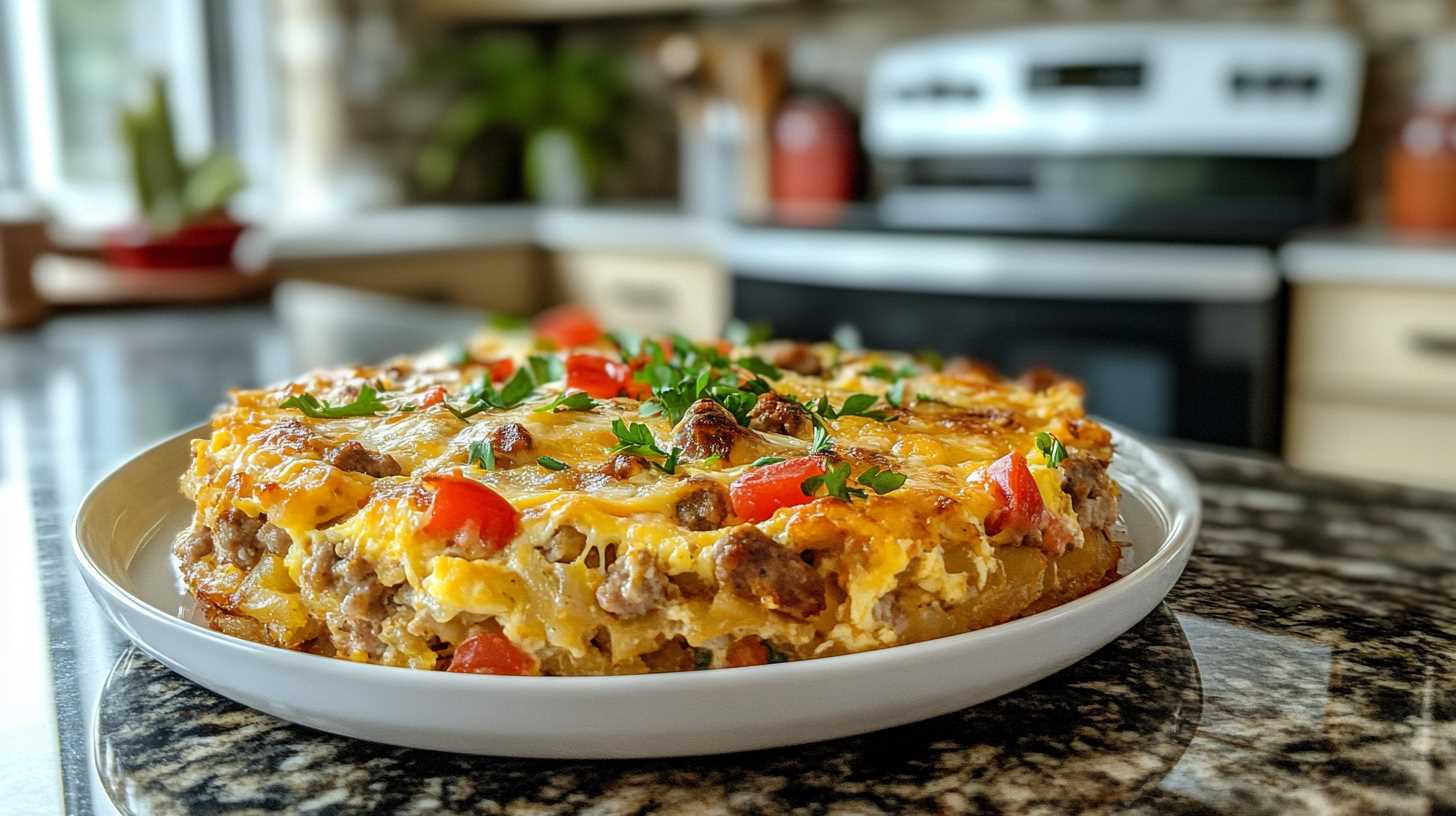 A warm slice of Crockpot Breakfast Casserole with layers of eggs, hash browns, cheese, and sausage, garnished with green onions.