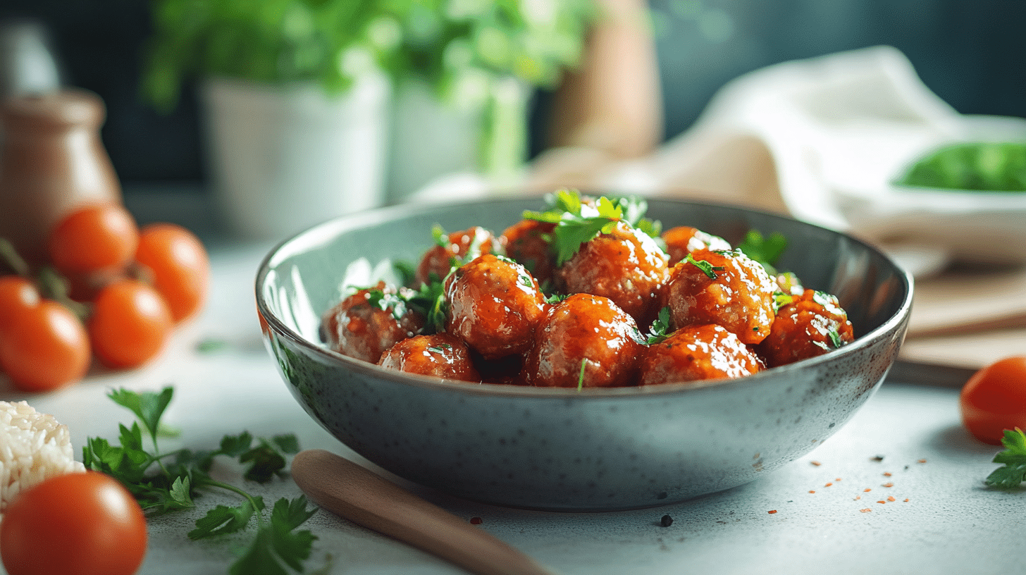 Sweet and spicy firecracker meatballs served on a white plate, garnished with green onions and sesame seeds.