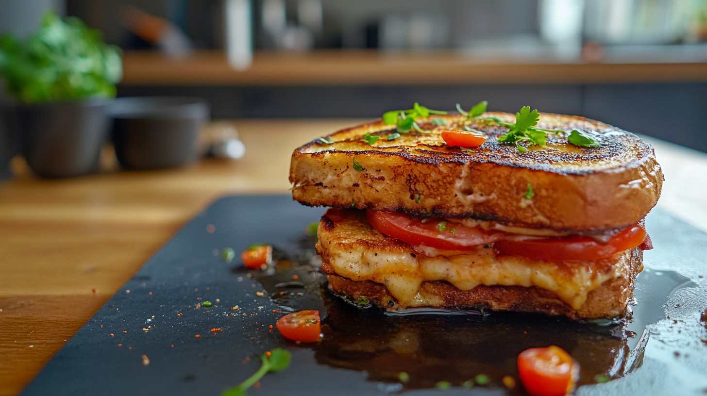 Delicious French Toast Sandwich filled with ham, cheese, and topped with powdered sugar, served with fresh fruit on the side