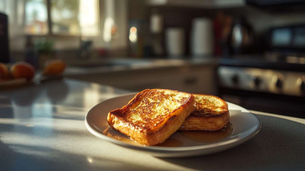 Delicious French Toast Sandwich filled with ham, cheese, and topped with powdered sugar, served with fresh fruit on the side.