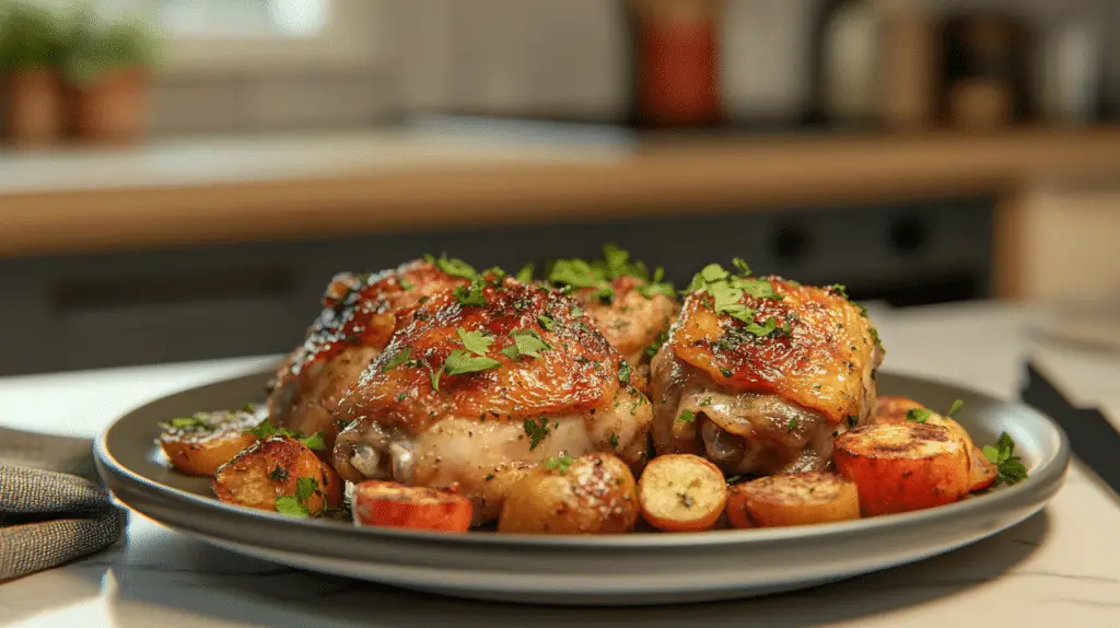 Golden garlic butter chicken thighs garnished with fresh parsley, served on a plate with roasted vegetables.