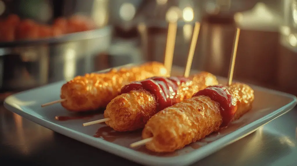 Golden crispy homemade corn dogs served with mustard and ketchup on a wooden plate