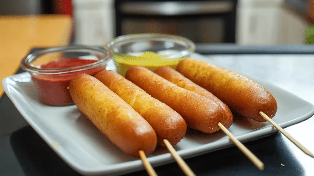 Golden crispy homemade corn dogs served with mustard and ketchup
