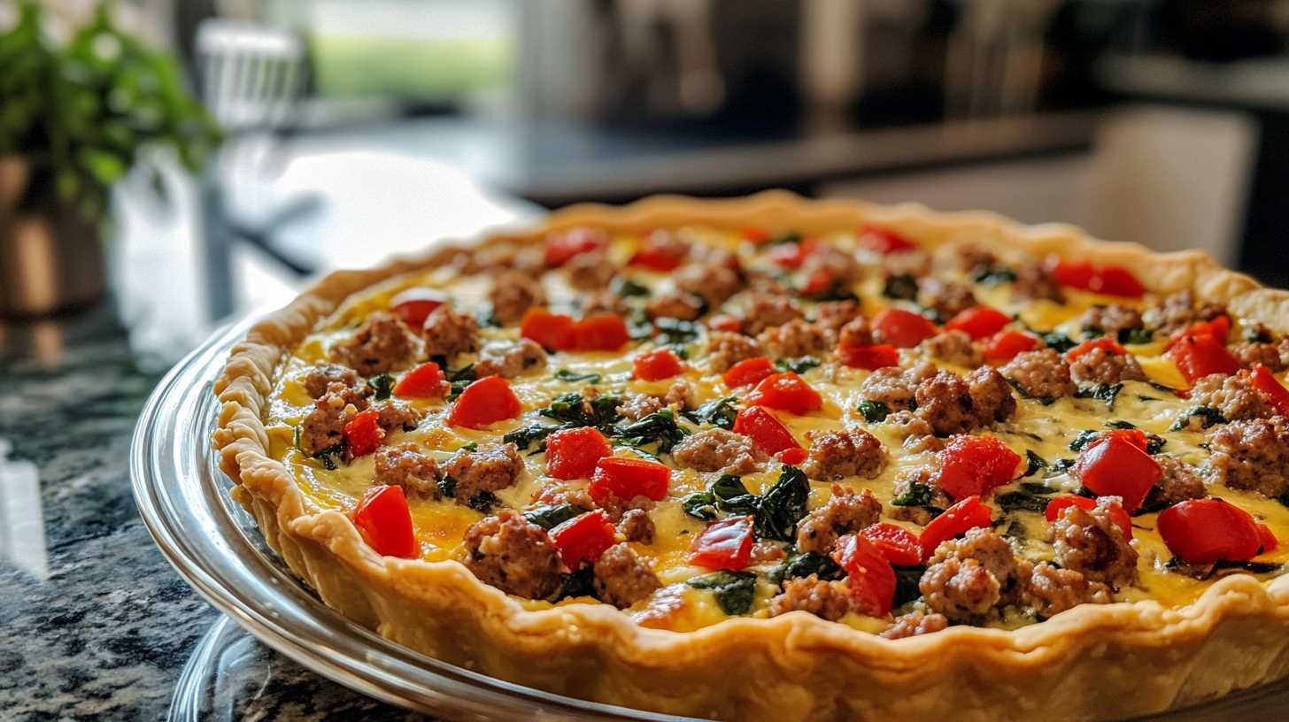 Golden Italian Sausage Quiche served in a flaky crust, garnished with fresh basil and paired with a side salad.