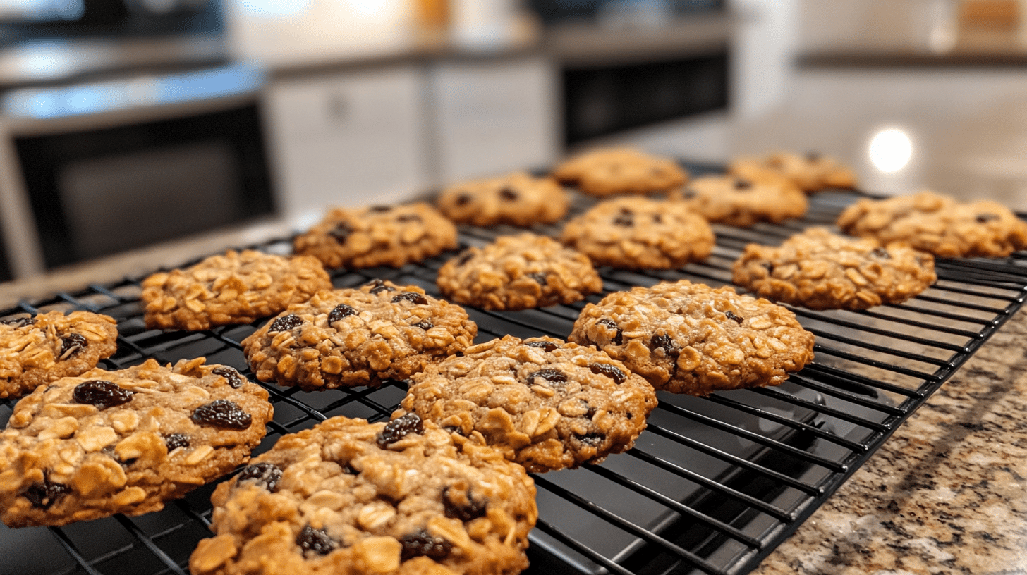 A stack of oatmeal raisin chocolate chip cookies on a rustic plate, showcasing chewy oats, raisins, and melty chocolate chips.