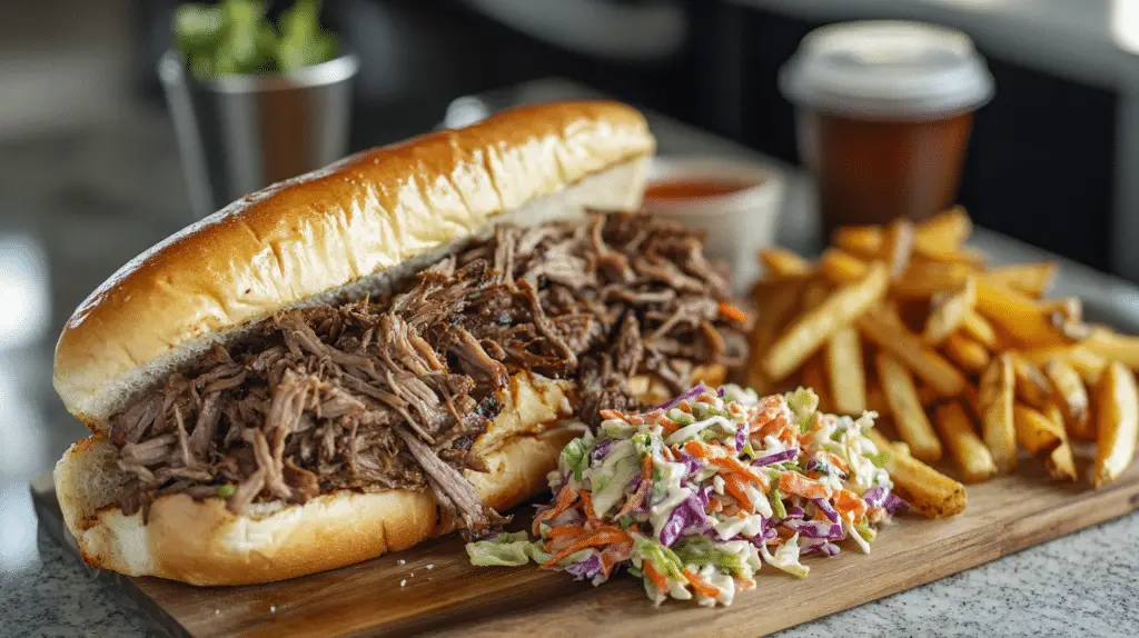 Delicious shredded beef sandwich served with crispy fries and coleslaw