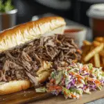 Delicious shredded beef sandwich served with crispy fries and coleslaw