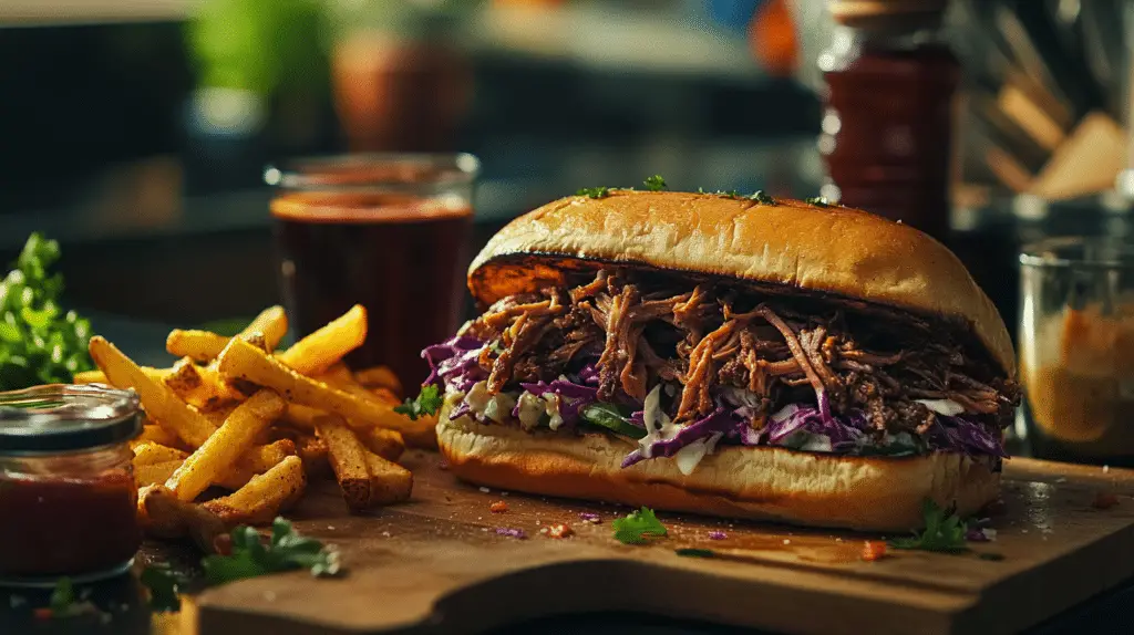 Delicious shredded beef sandwich served with crispy fries and coleslaw.