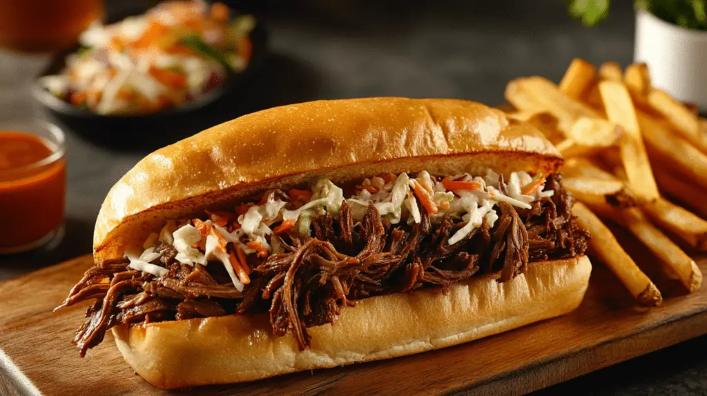 Delicious shredded beef sandwich served with crispy fries and coleslaw.