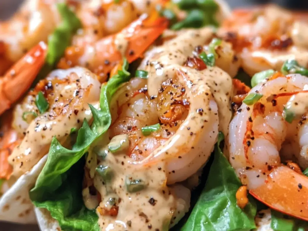 Close-up of a shrimp wrap filled with grilled shrimp, fresh vegetables, and a creamy sauce, served on a white plate.