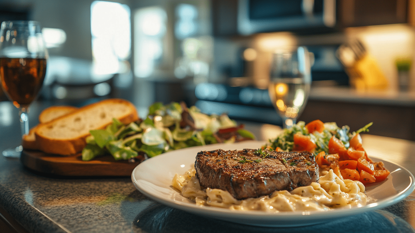 Close-up of Steak Alfredo served with garlic bread and a garden salad.