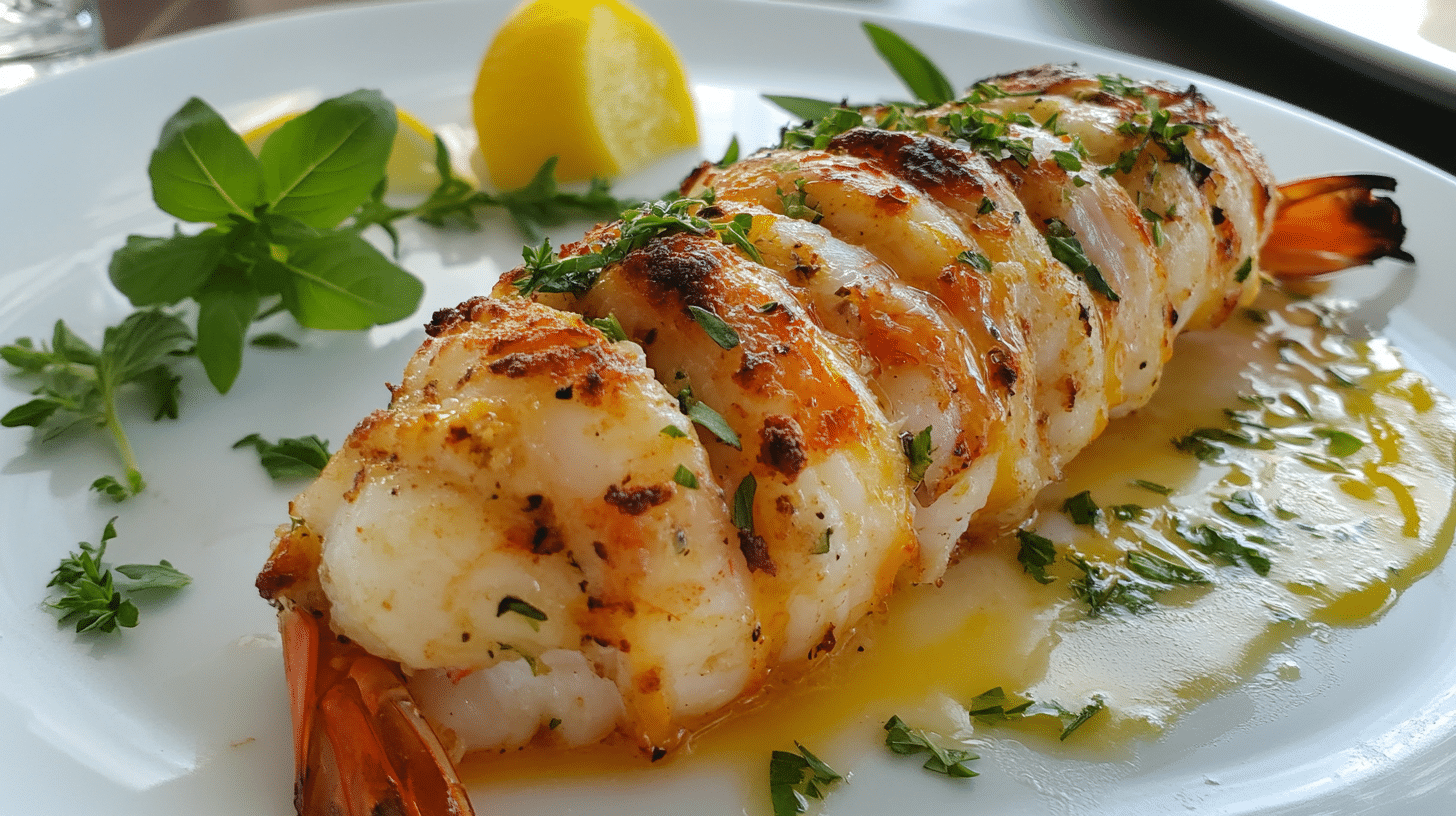 Plated stuffed shrimp topped with golden crab stuffing, garnished with fresh parsley and a wedge of lemon