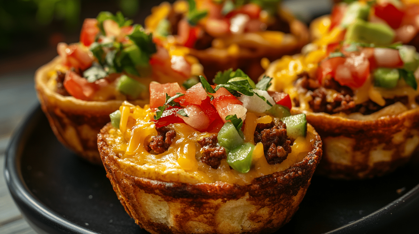 Delicious taco cupcakes with crispy wonton shells, seasoned meat, melted cheese, and fresh toppings served on a wooden plate