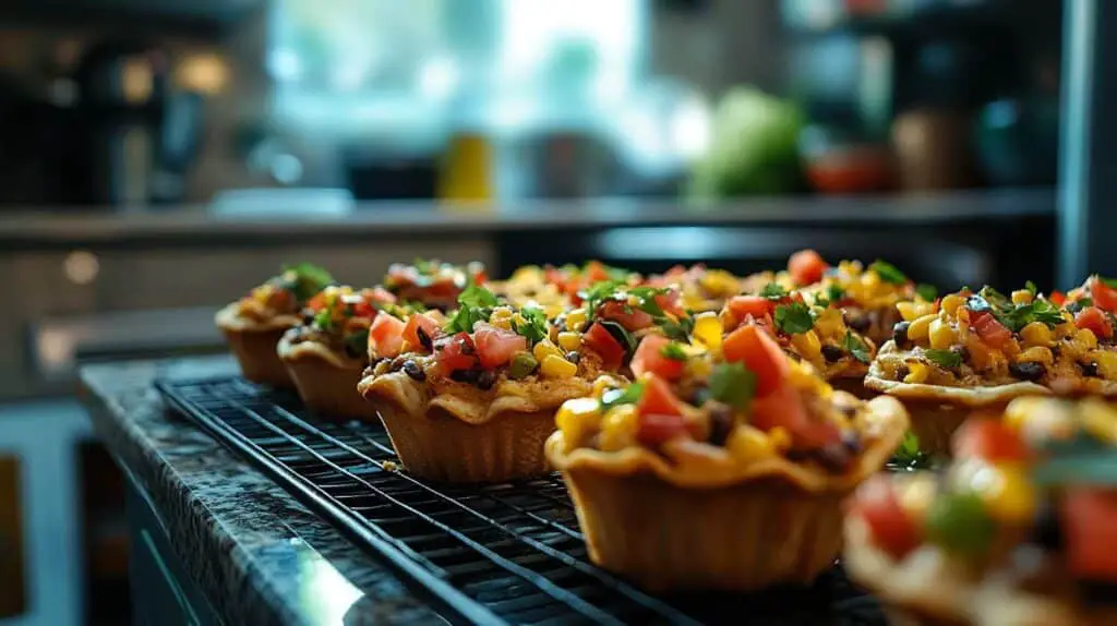 Delicious taco cupcakes with crispy wonton shells, seasoned meat, melted cheese, and fresh toppings served on a wooden plate