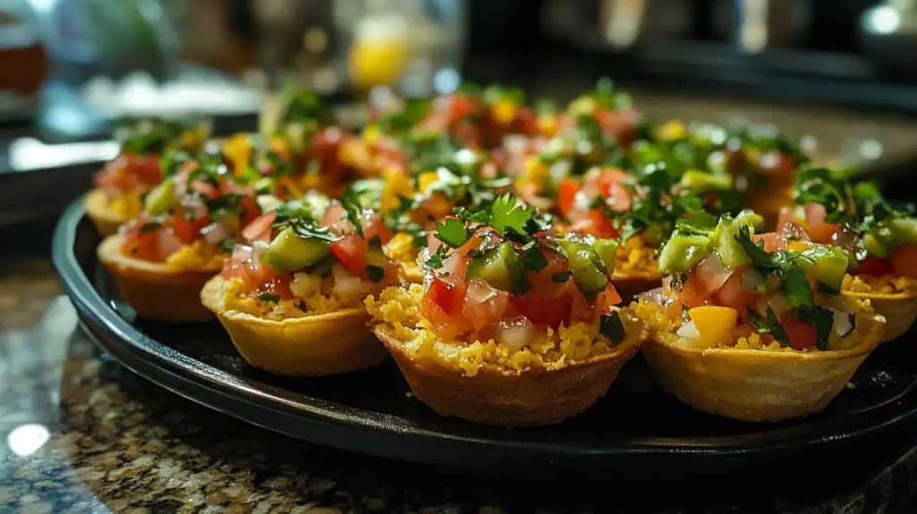 Delicious taco cupcakes with crispy wonton shells, seasoned meat, melted cheese, and fresh toppings served on a wooden plate