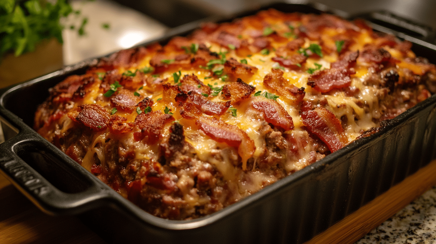 Freshly baked bacon cheeseburger meatloaf topped with crispy bacon and melted cheddar cheese on a serving platter